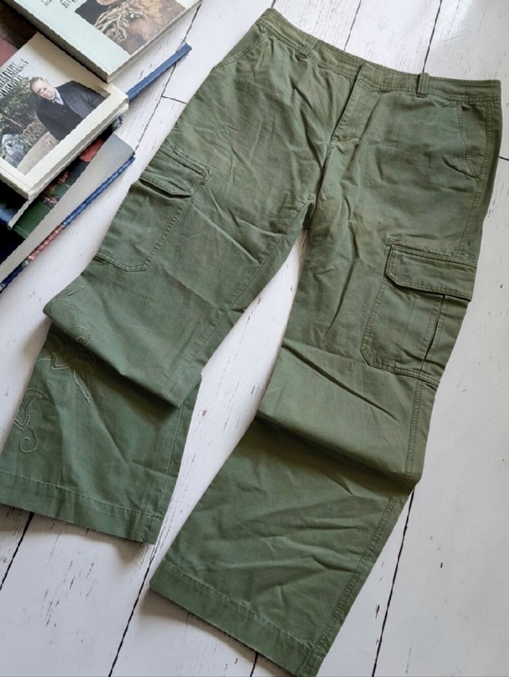 Vintage 90s Old Navy Embroidered Cargo Pants  Olive Green Low Waist Sz 14